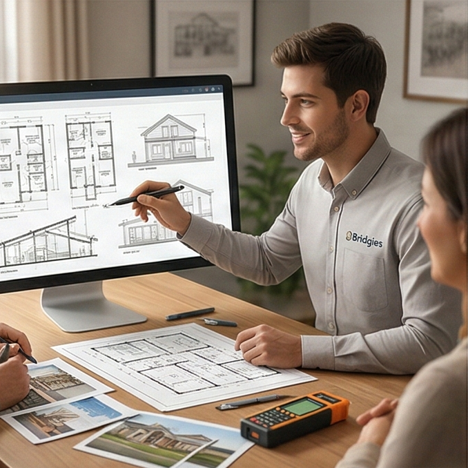 Geometric drawing of an outline square with sections divided by vertical, horizontal, and half circle lines.
