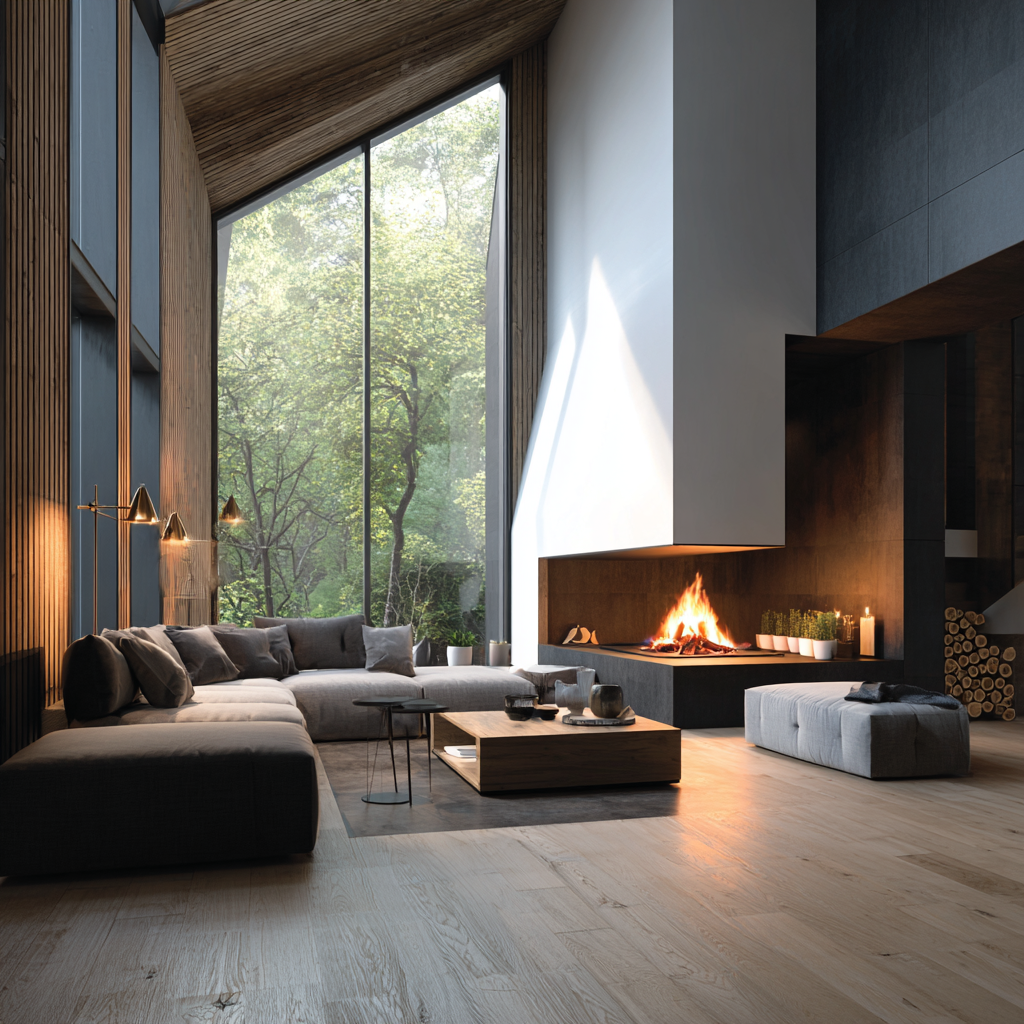 Modern living room with large floor-to-ceiling window, gray sectional sofa, wooden coffee table, contemporary fireplace, and minimalist decor.