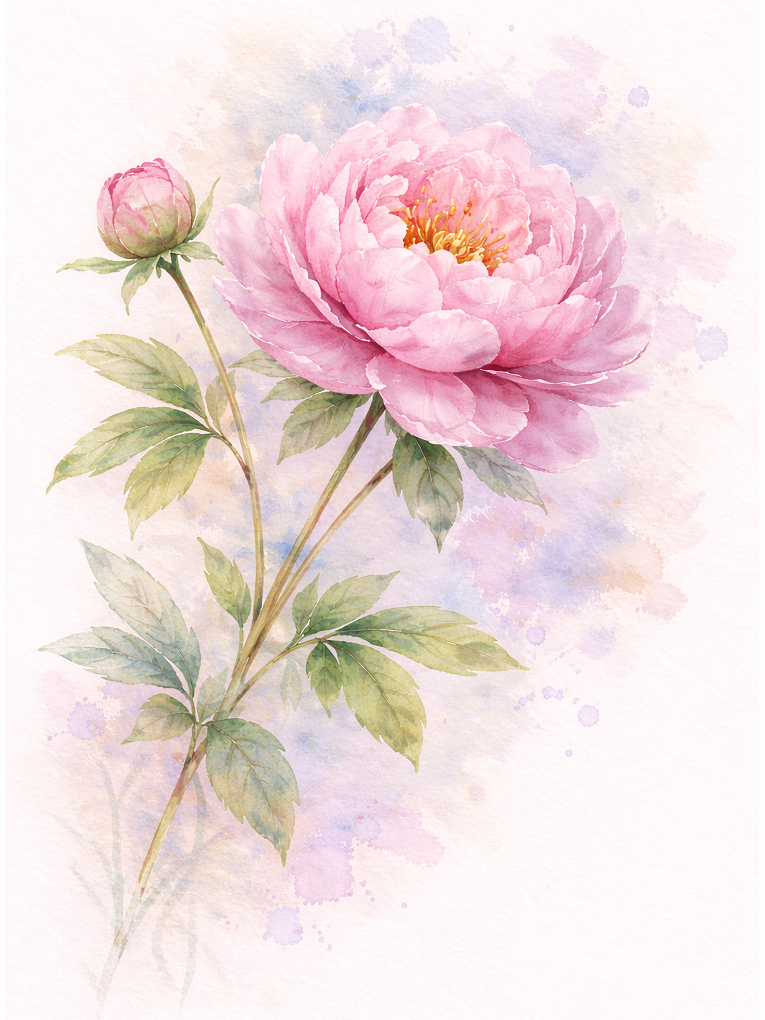 Watercolor painting of a pink peony flower with green leaves and a small closed bud, with soft pastel background.