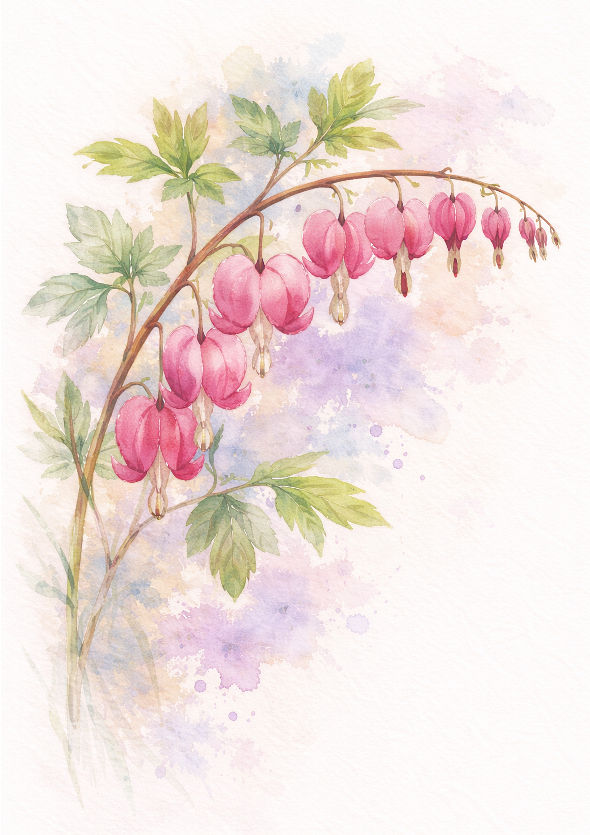 Watercolor painting of a bleeding heart plant with pink flowers and green leaves against a pastel background.