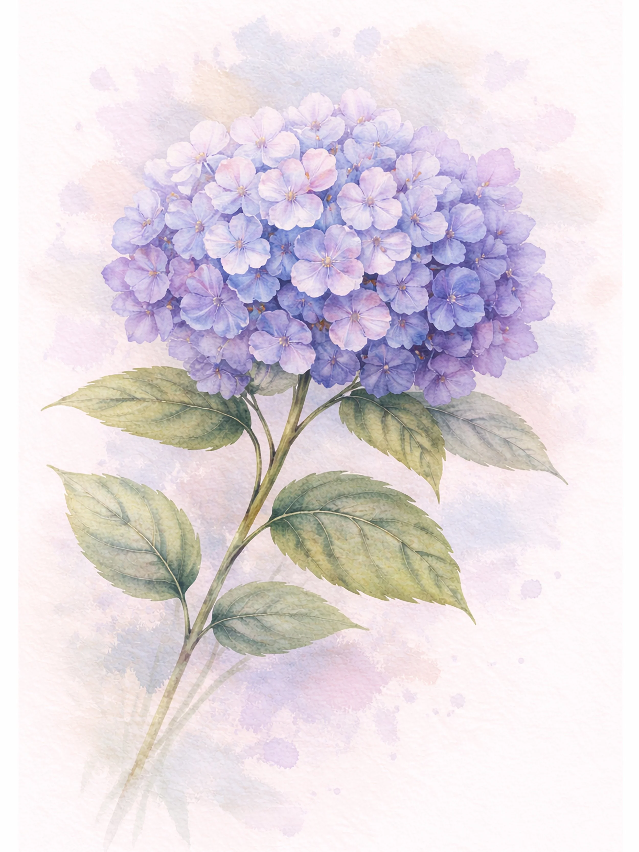 Watercolor painting of a purple hydrangea flower with green leaves on a light pastel background.