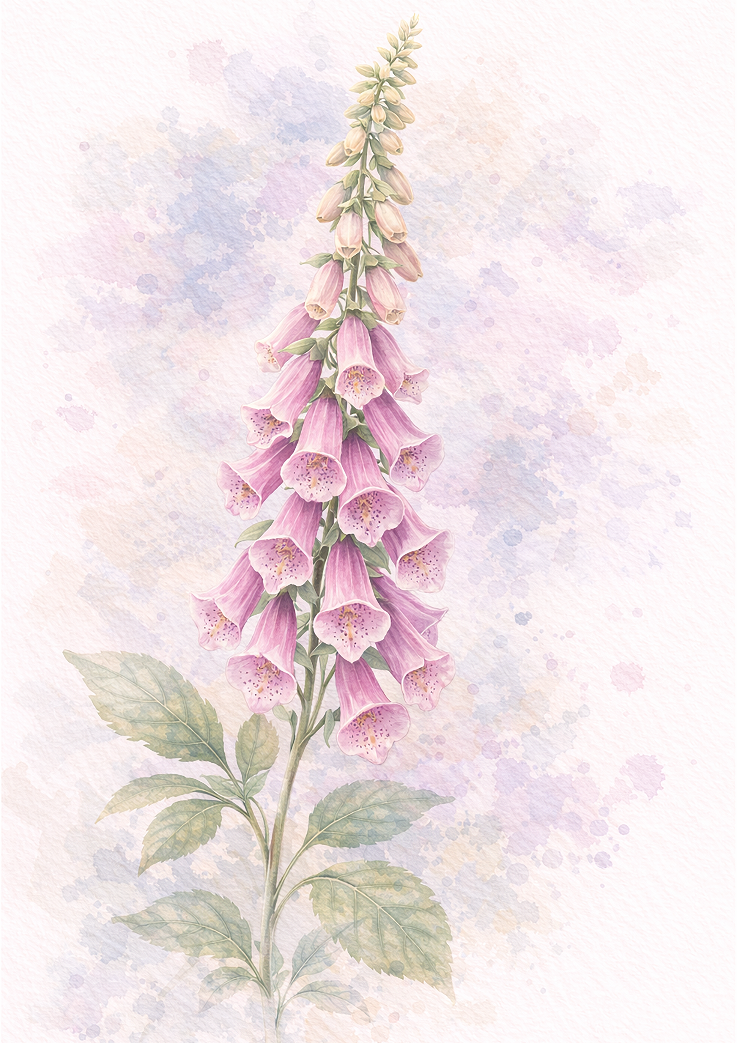 Watercolor painting of a tall foxglove flower with pink and purple bell-shaped blossoms, green leaves, and a soft pastel background.