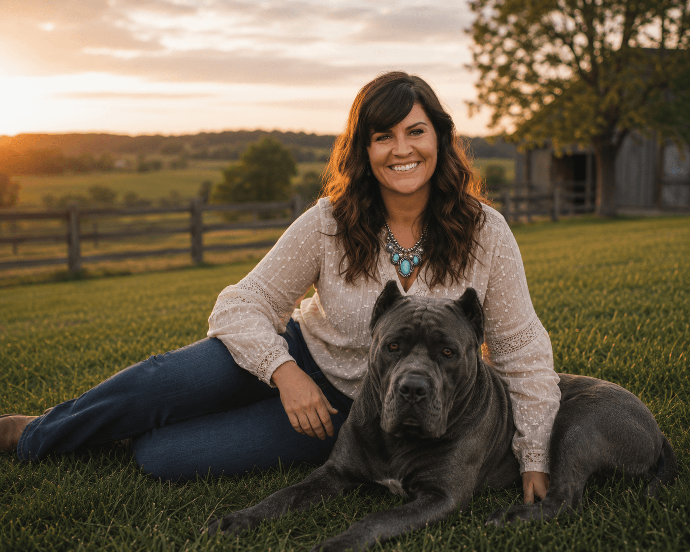 A woman with dark brown wavy hair, wearing a beige blouse and blue jeans, sitting on grass at sunset with a large gray pitbull dog.