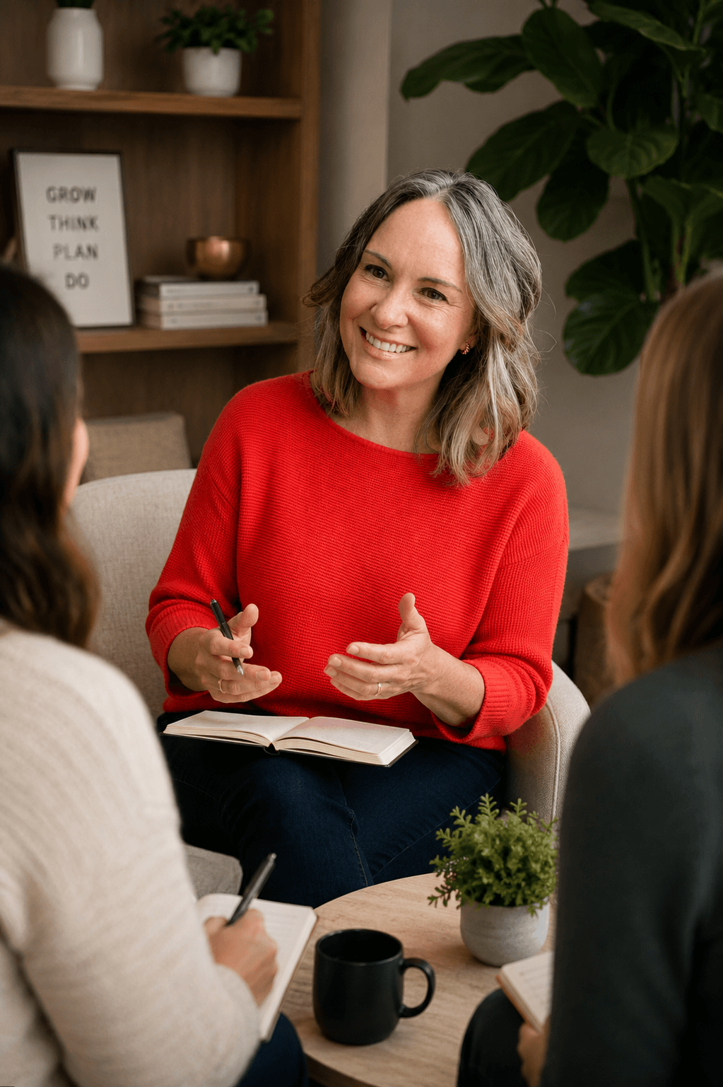 A woman with gray hair and a red sweater smiling and talking to two other women during a casual meeting in a cozy, decorated room.