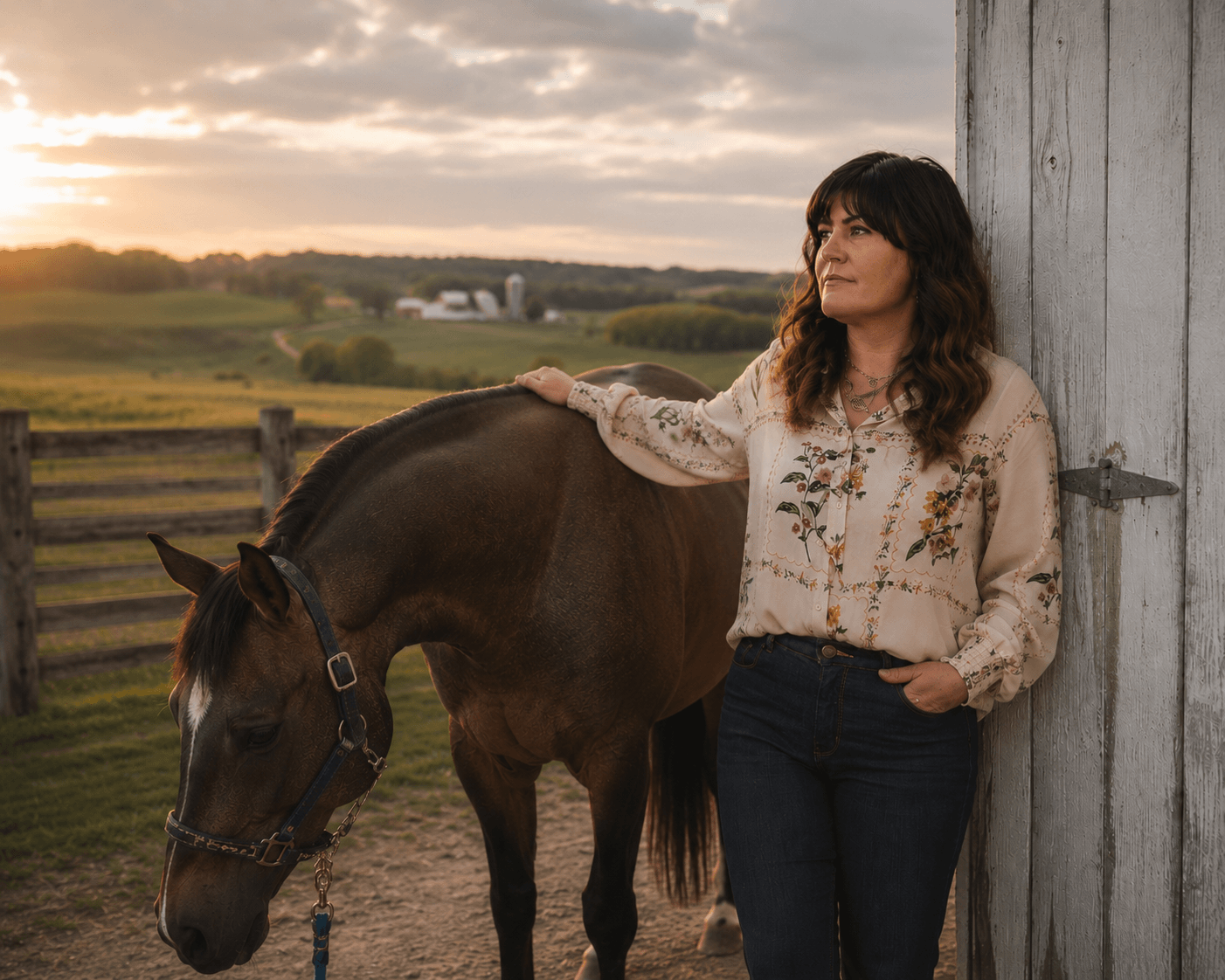 A woman with shoulder-length wavy brown hair wearing a cream-colored embroidered blouse and dark jeans, resting her hand on a brown horse's neck, standing next to a white wooden barn in a rural farm setting during sunset.
