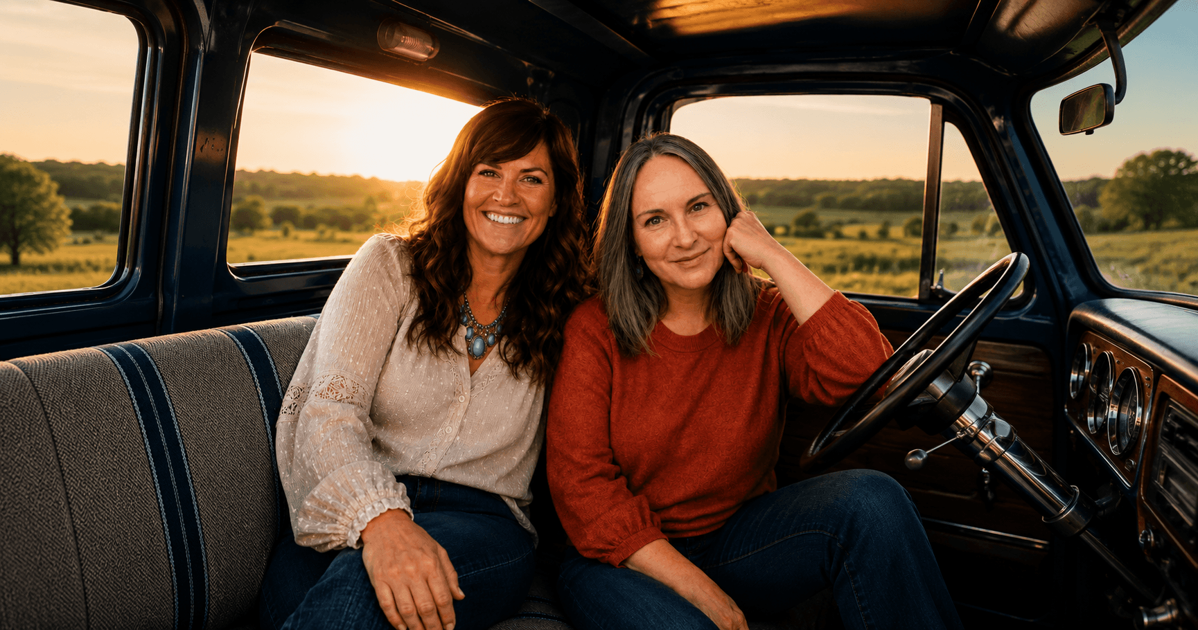 Two women sitting inside a vintage car with a countryside landscape and sunset in the background, one smiling and the other resting her head on her hand.