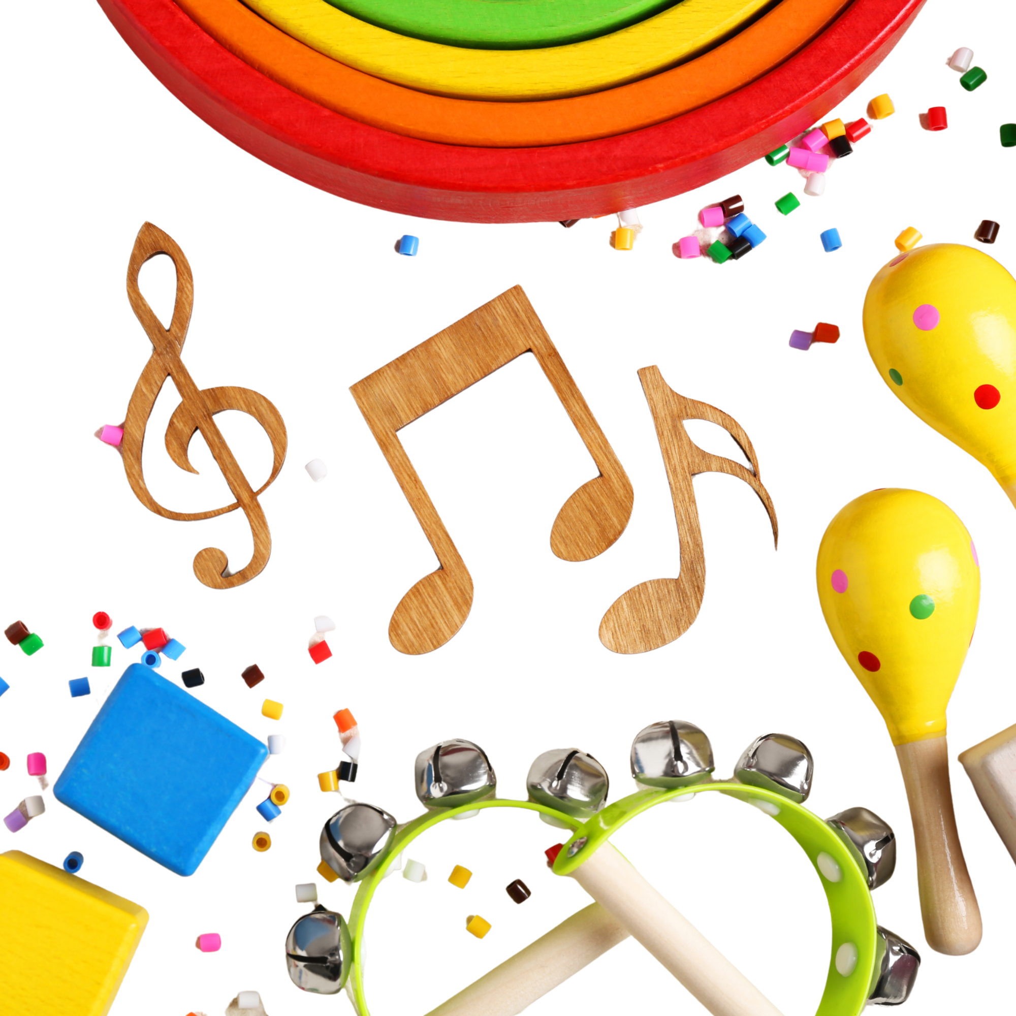 Colorful musical instruments and toys, including a wooden treble clef, musical notes, maracas, and confetti.