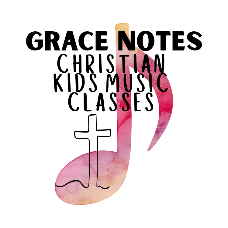 Watercolor musical note with the words Grace Notes Christian Kids Music Classes, and a simple black cross.