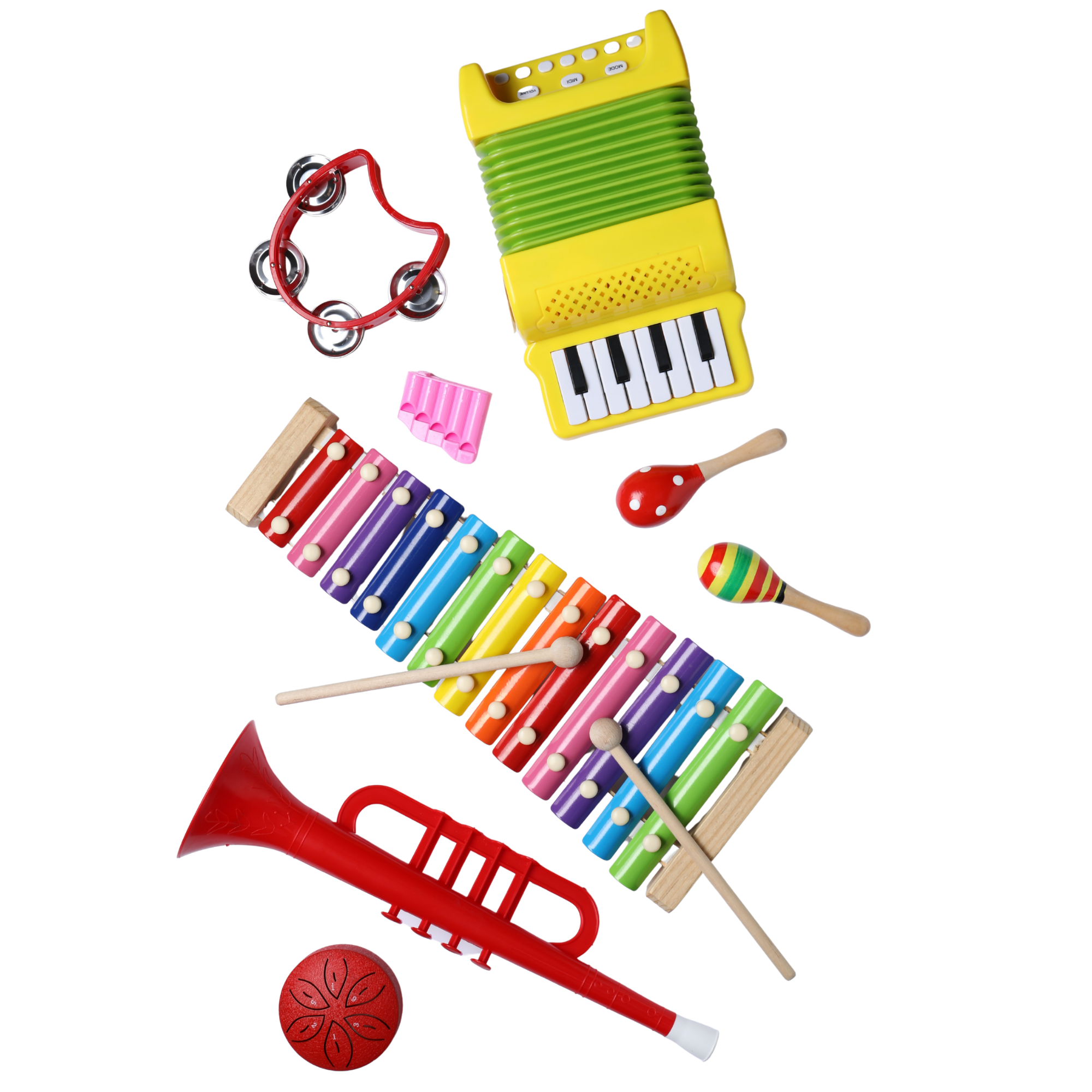 Colorful children's musical toys including a xylophone, a red trumpet, a balafon, maracas, a toy piano, a tambourine, a shaker, a block of wooden toys, and colorful rings.