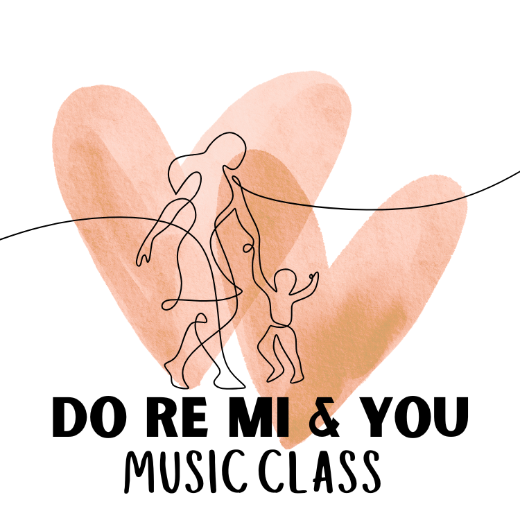 Abstract illustration of three people holding hands, with a large pink watercolor heart in the background, promoting a Doremi & You music class.
