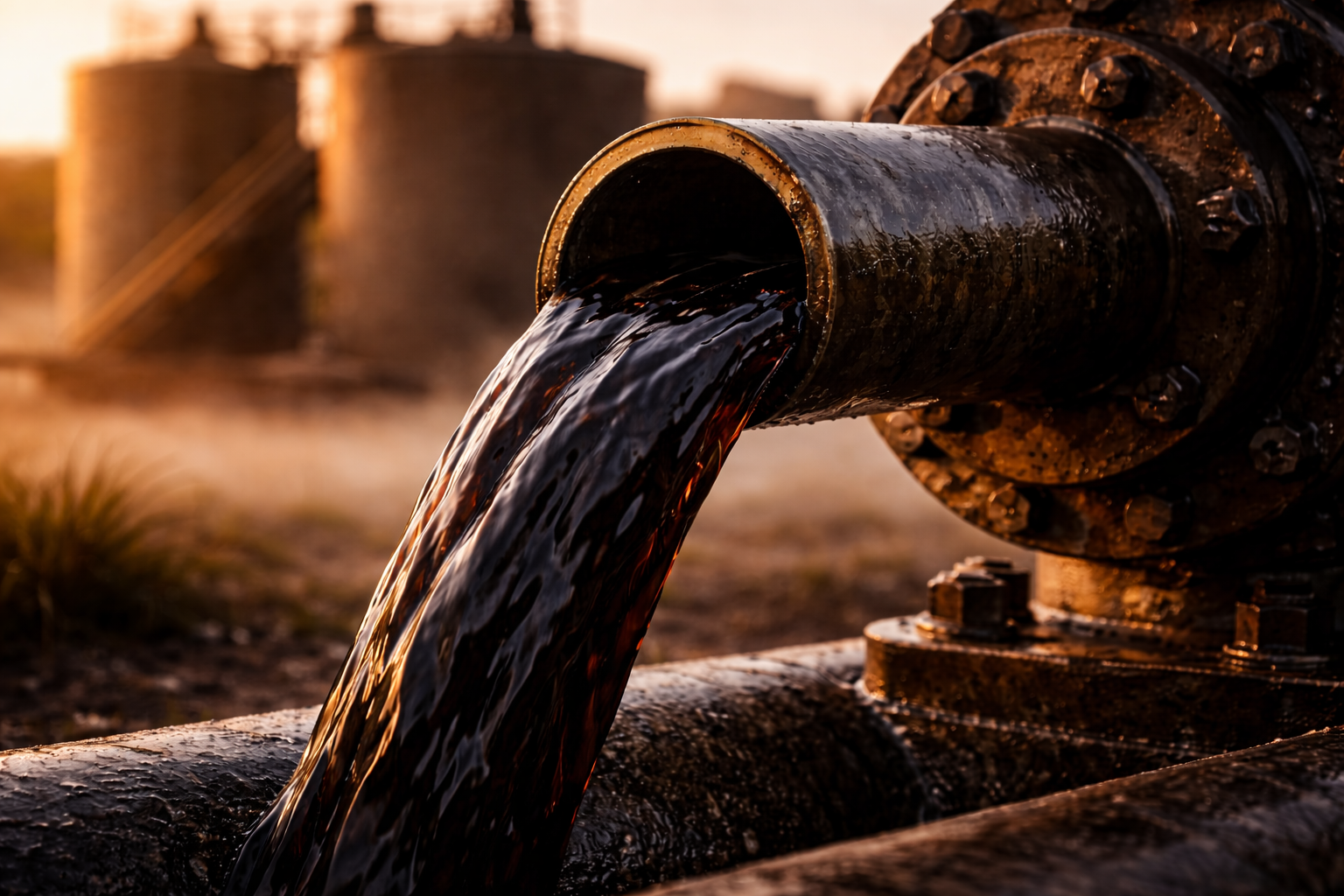 A high-contrast close-up of dark, viscous crude oil flowing from a pipe. This is the "Hydrocarbon Wine" itself—the lifeblood of the industry and the literal inspiration for the song.