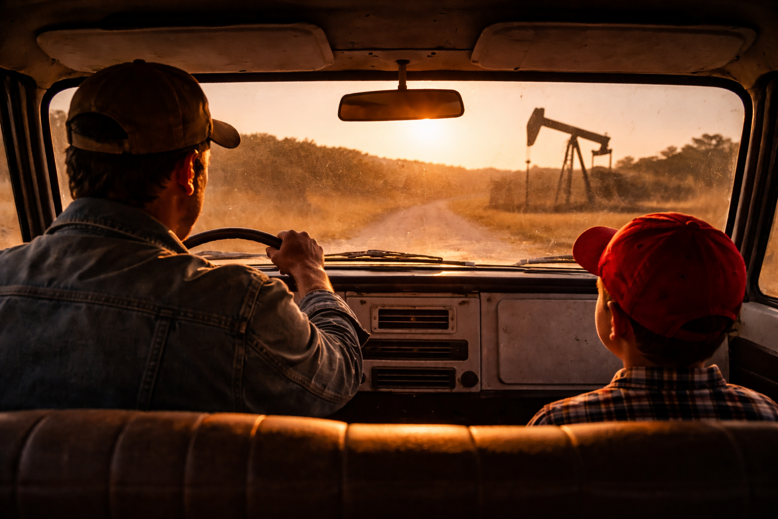 A view through a truck dashboard while making morning rounds. This represents the early 1960s—the perspective of a young boy checking the wells with his father.