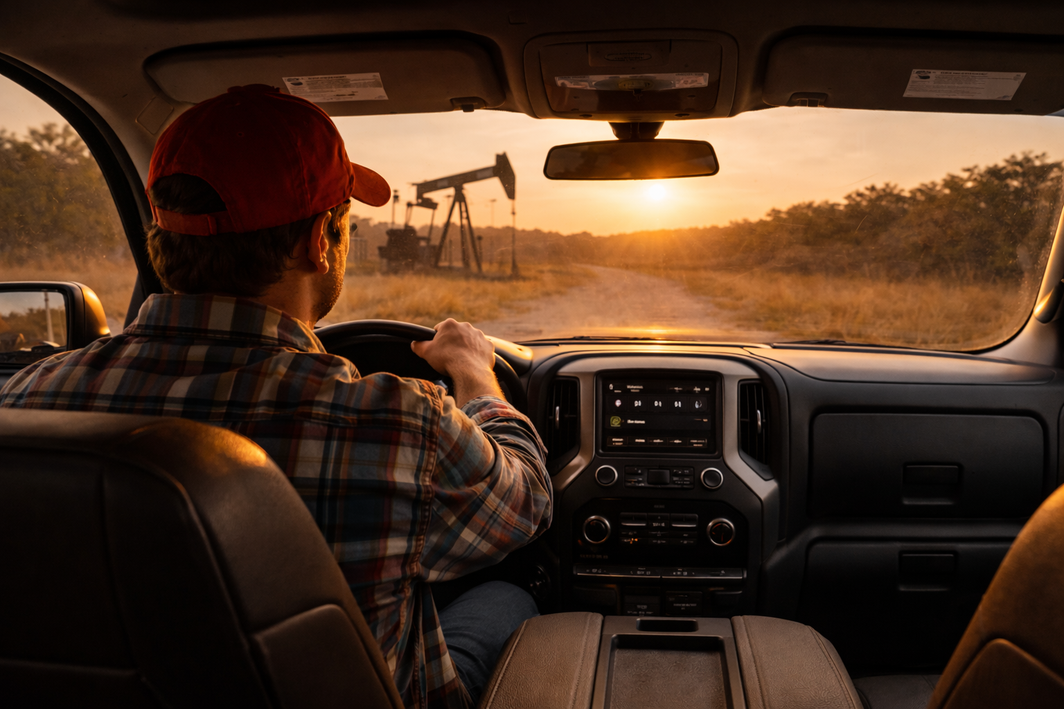A modern-day view through a truck windshield overlooking a production site. This reflects my 30 year connection to the oilfield —the same view as the boy, but seen through the eyes of a man who lived the work. 