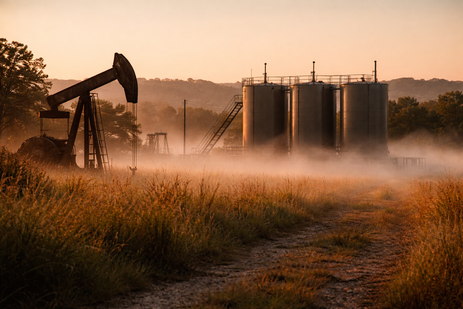 A wide shot of a sun-drenched tank battery. This image captures the "smell" of the patch—that heavy, sweet scent of crude oil that signals home to anyone who has ever pulled a shift.