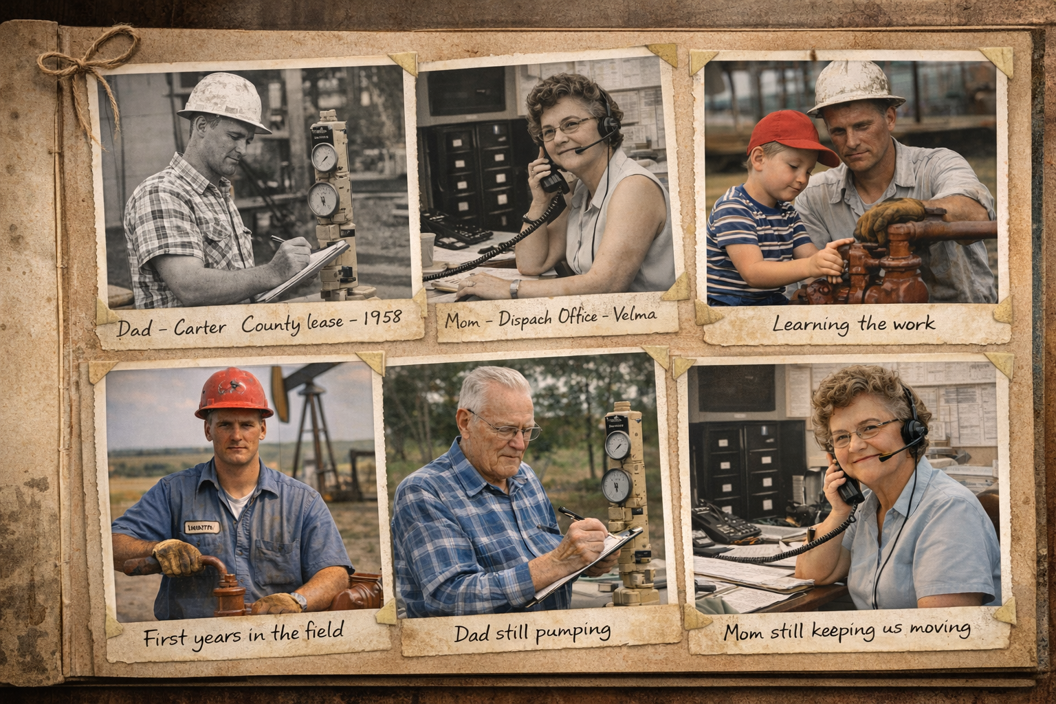 A physical photo album spread open, showing snapshots of Mom, Dad, and me working in the patch. This is the visual record of the "lessons" learned while living off the hydrocarbon wine.