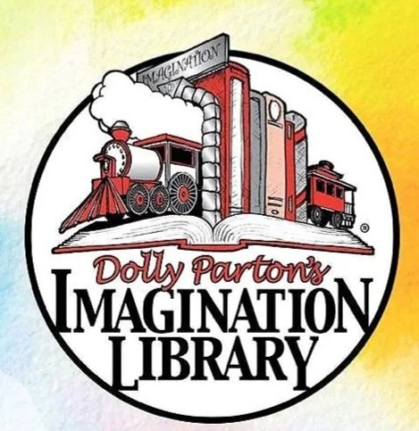 Logo for Dolly Parton's Imagination Library featuring a train emerging from an open book with colorful background