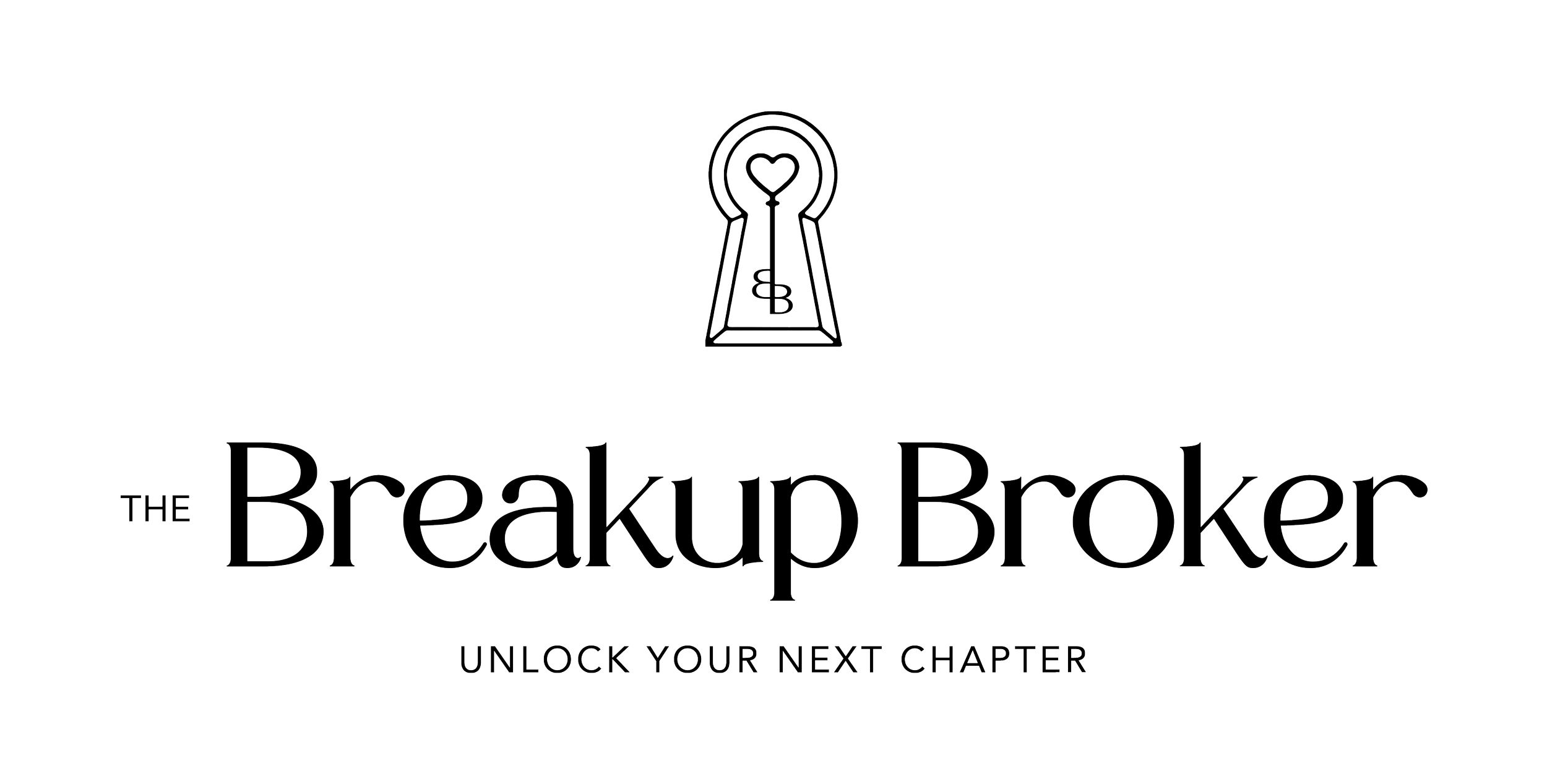A graphic key logo featuring a heart and two flipped letter bs inside of a keyhole with text that reads, "THE Breakup Broker, Unlock your next chapter"
