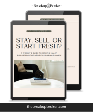 A digital device displaying a book cover titled 'STAY. SELL. OR START FRESH?' with a subtitle about making smart, supported home decisions during divorce. The background shows part of a second device with a website titled 'thebreakupbroker.com'.