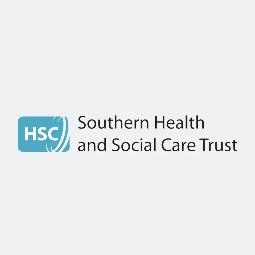 Logo of Southern Health and Social Care Trust with blue icon and black text.