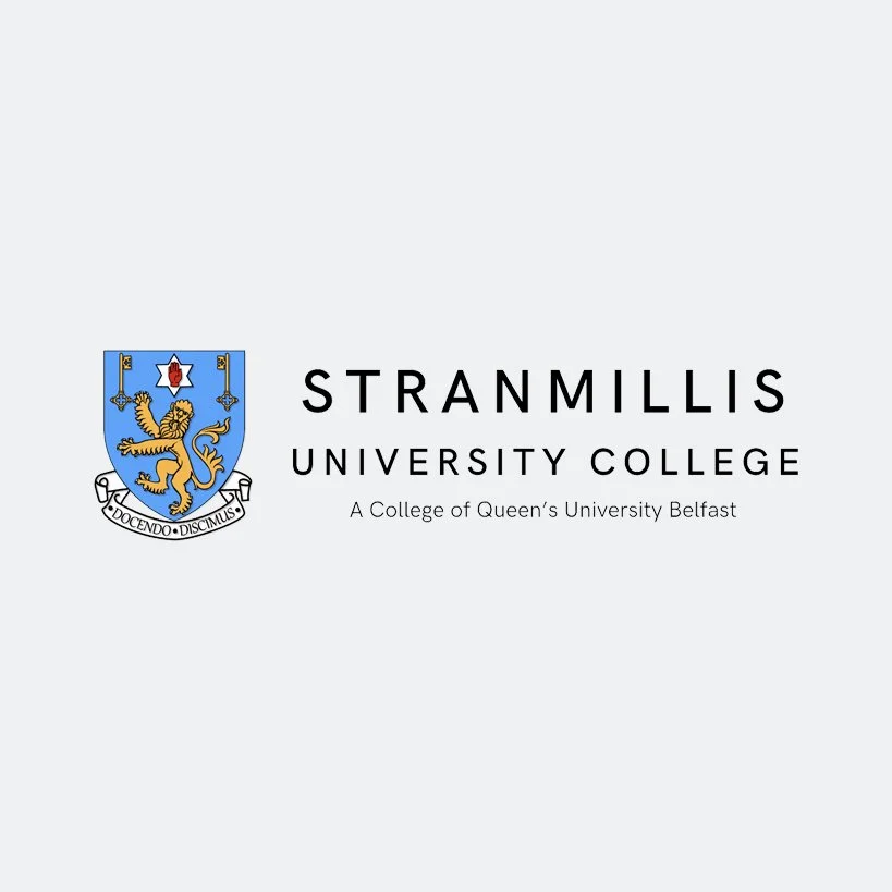 Logo of Stranmillis University College, featuring a shield with a lion and a book, and the text "Stranmillis University College, A College of Queen's University Belfast".