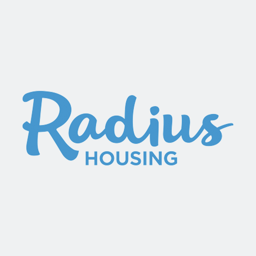 Logo for Radius Housing featuring the word 'Radius' in blue script font and 'HOUSING' in uppercase block letters underneath.