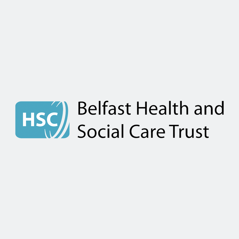 Logo of Belfast Health and Social Care Trust with blue and white design and text