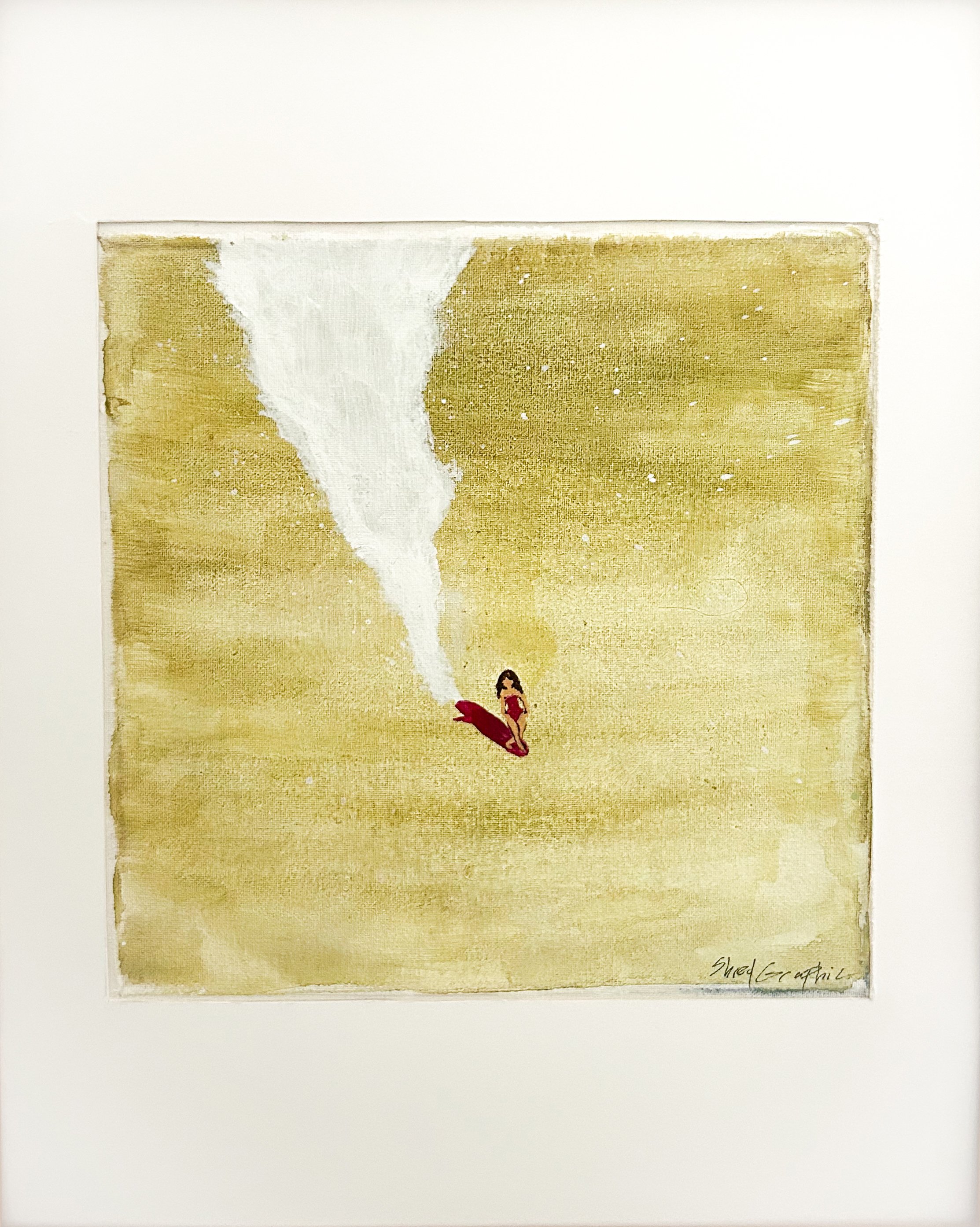 Painting of a woman in a red dress sitting on a sandy beach with a large wave crashing behind her, creating a swirl of white water.