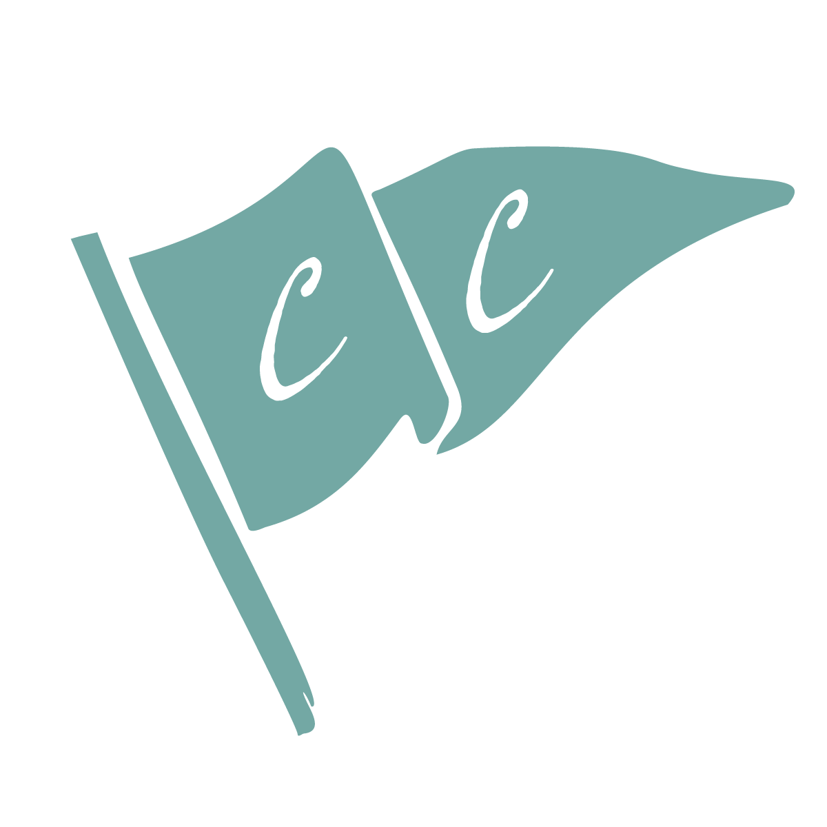 A teal flag with the letters C and C written in black cursive, waving on a pole.