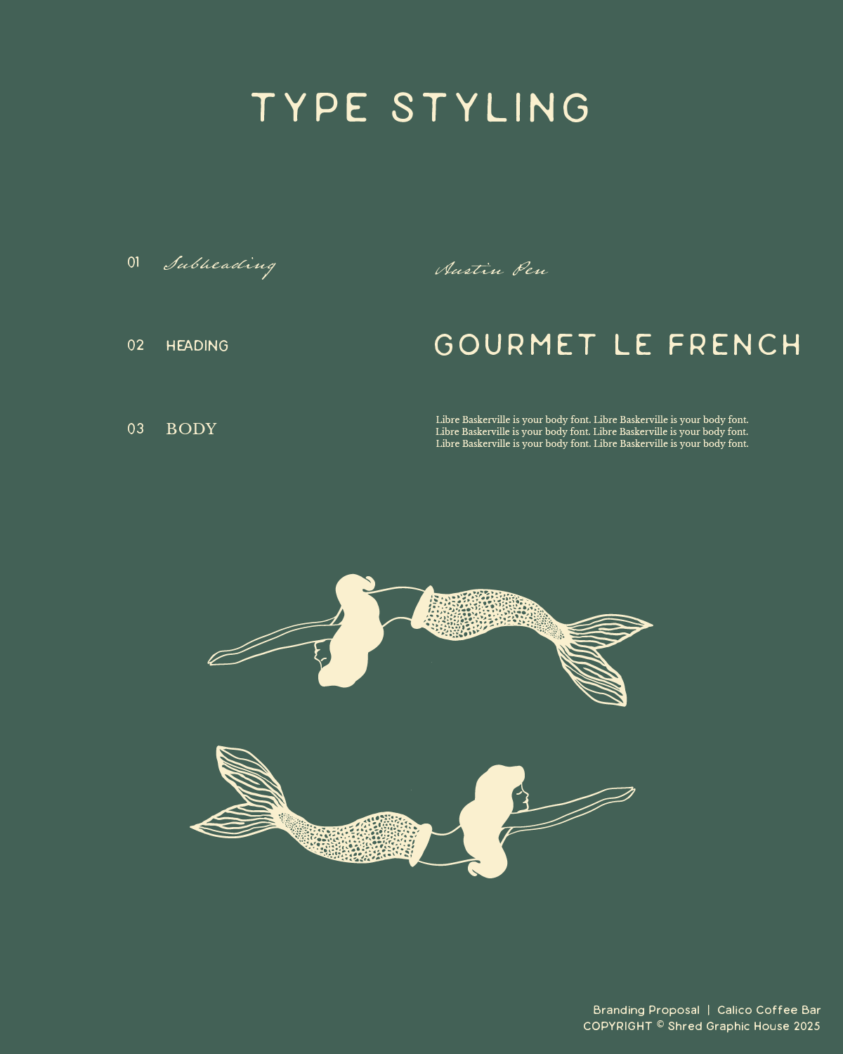 Graphic design poster titled "Type Styling" with sections for subheading, heading, and body text, featuring an illustration of two whales in a symmetrical pattern.
