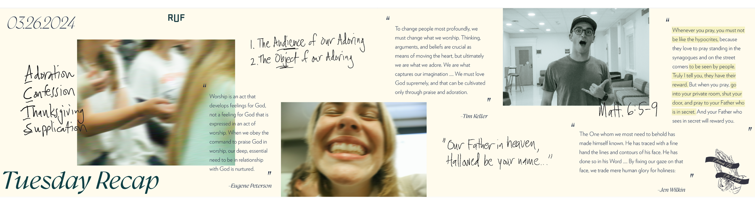 A digital collage with church-related quotes, a blurred photo of people praying, a smiling woman, and a young man in glasses and a hat.