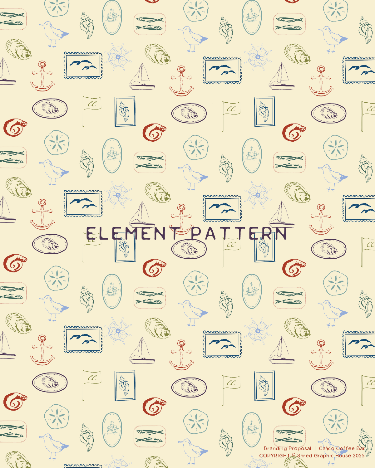 Pattern with nautical themed icons including sailboats, ships wheels, anchors, fish, seashells, seagulls, and shells, with the text 'ELEMENT PATTERN' and small flags.
