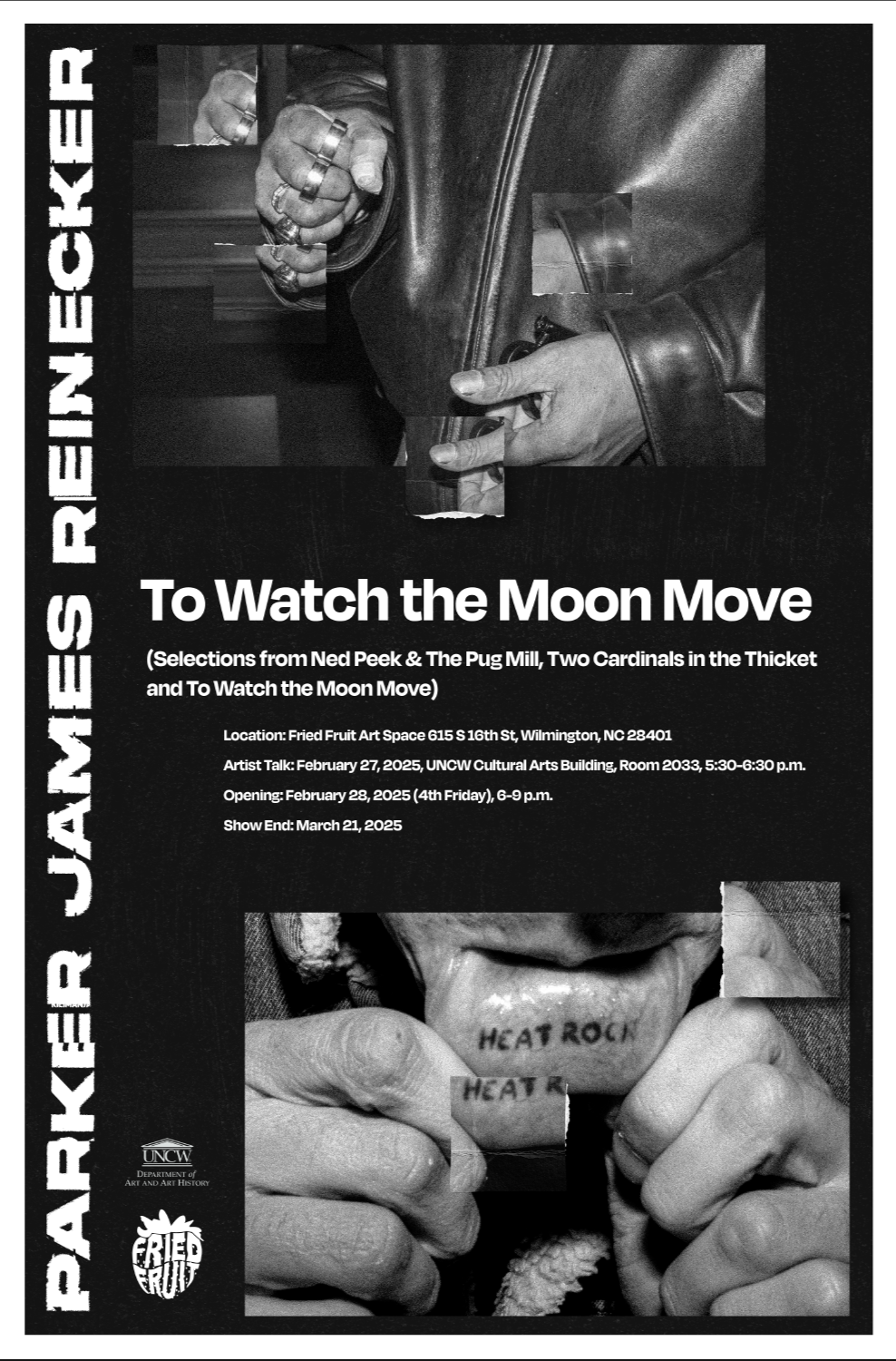 Black-and-white poster advertising an art exhibition titled 'To Watch the Moon Move' featuring collage-style images of hands and faces, with event details including location, dates, and times.