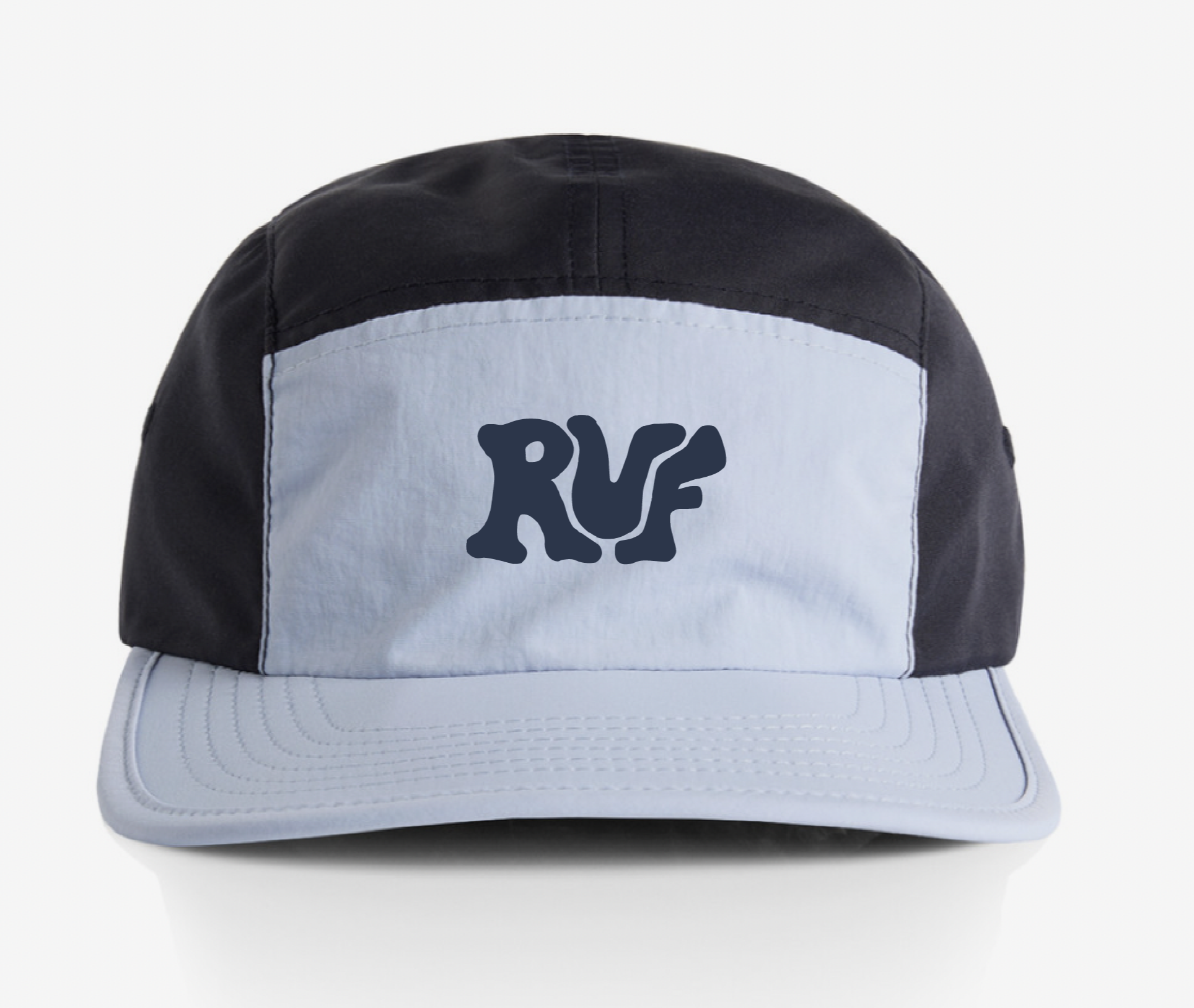 A black and gray cap with the letters 'RUF' embroidered on the front in dark gray.
