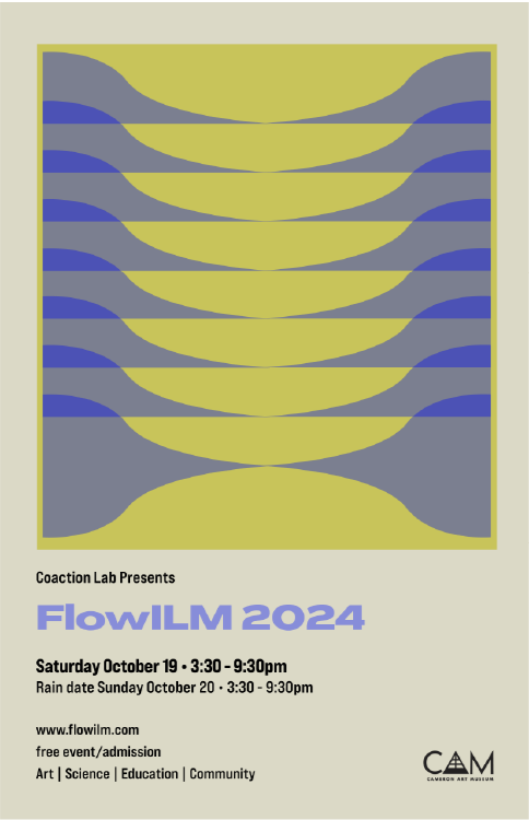 Poster for FlowILM 2024 event showing abstract wavy patterns in yellow, blue, and gray.