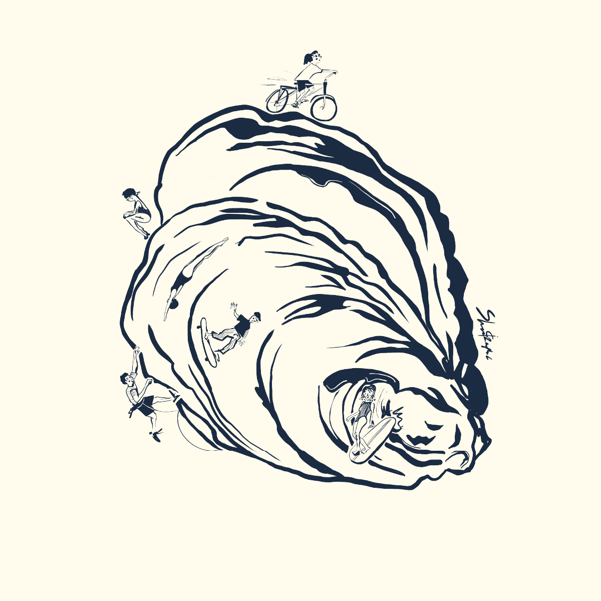 Illustration of a giant seashell with five people engaging in various activities around and inside it, including riding a bicycle, sitting, skateboarding, and surfing.