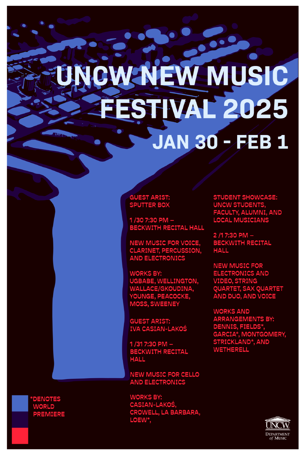Poster for the UNCW New Music Festival 2025, happening from January 30 to February 1. Features a stylized image of a blue musical keyboard on a black background. Highlights include guest artists Sputter Box and Iva Casian-Lakos, student showcase performances, and new music pieces by various composers.
