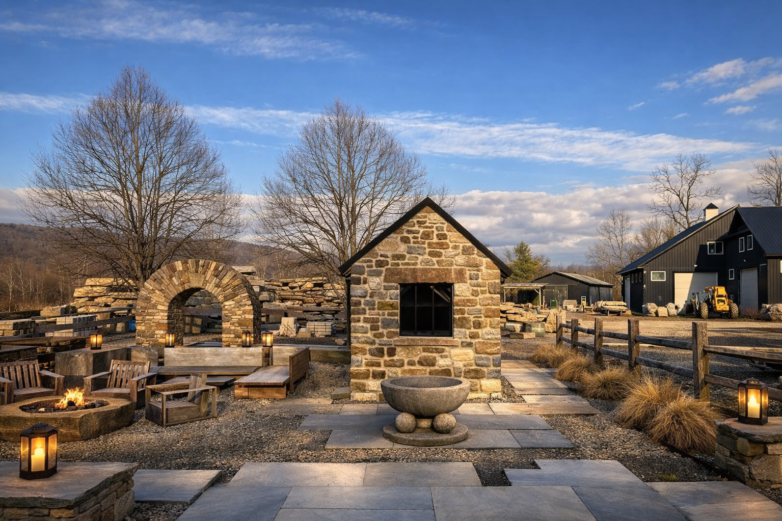 Outdoor patio with stone features, seating, a fire pit, and lanterns under a blue sky with clouds; rural setting with trees and buildings in the background.