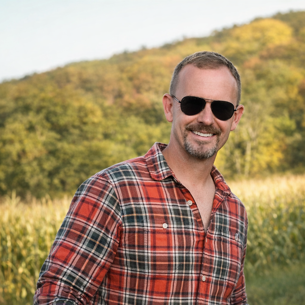 A smiling man wearing sunglasses and a red plaid shirt outdoors with a field and trees in the background.