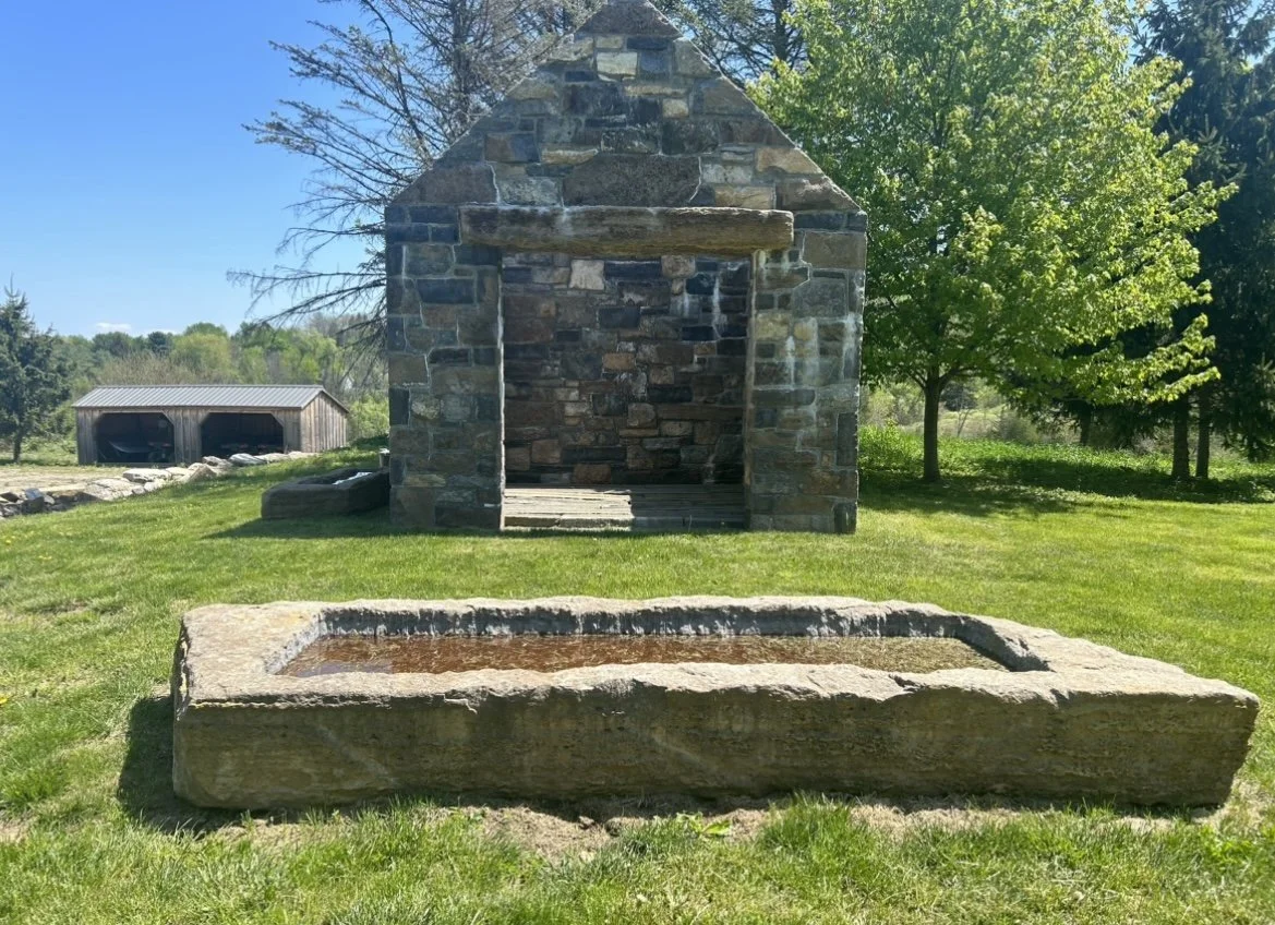 A stone water trough in the foreground, a stone structure behind it, and trees with green leaves under a clear blue sky.