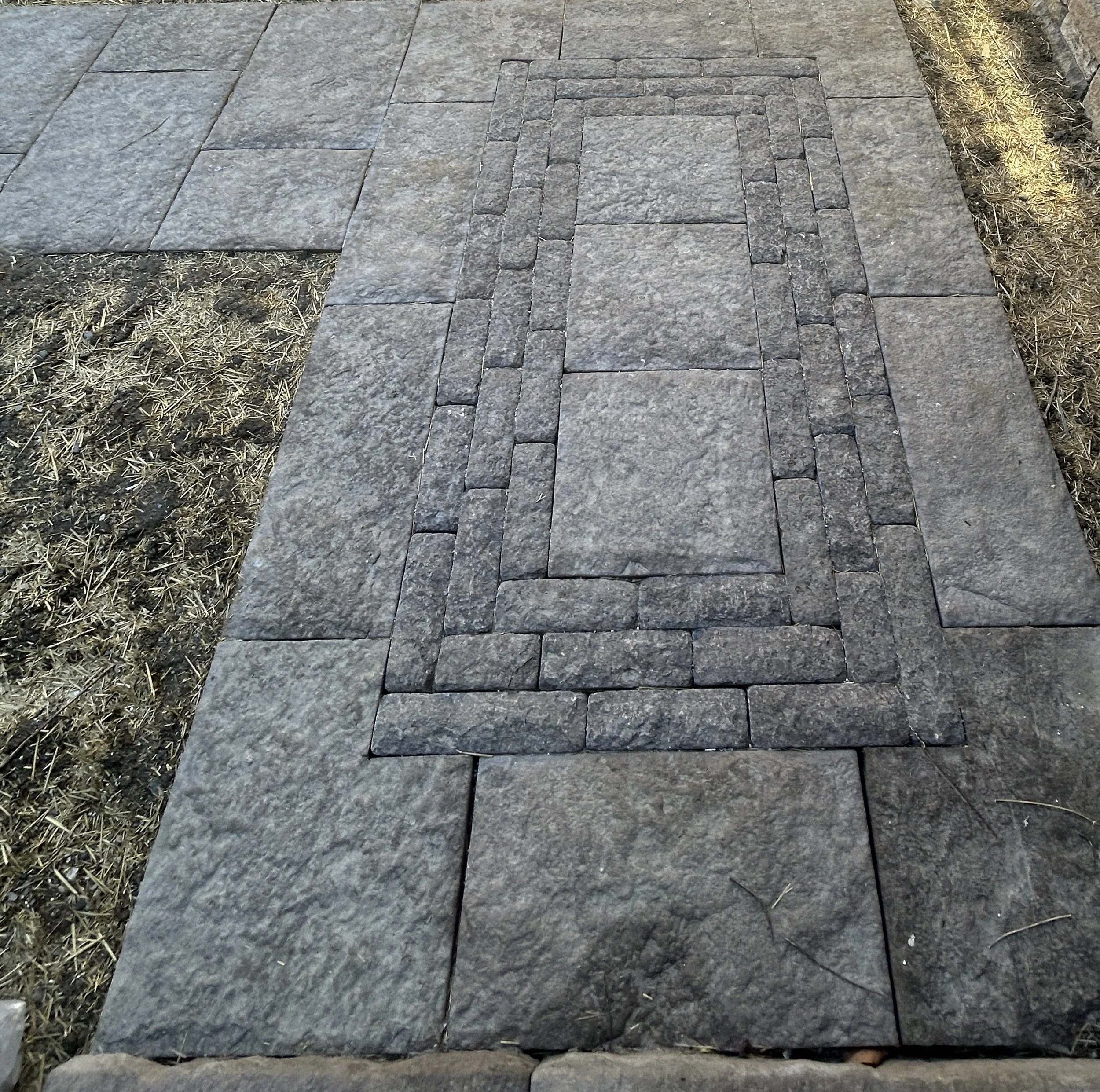 Stone pathway with a rectangular pattern embedded in the sidewalk, surrounded by grass and dirt.
