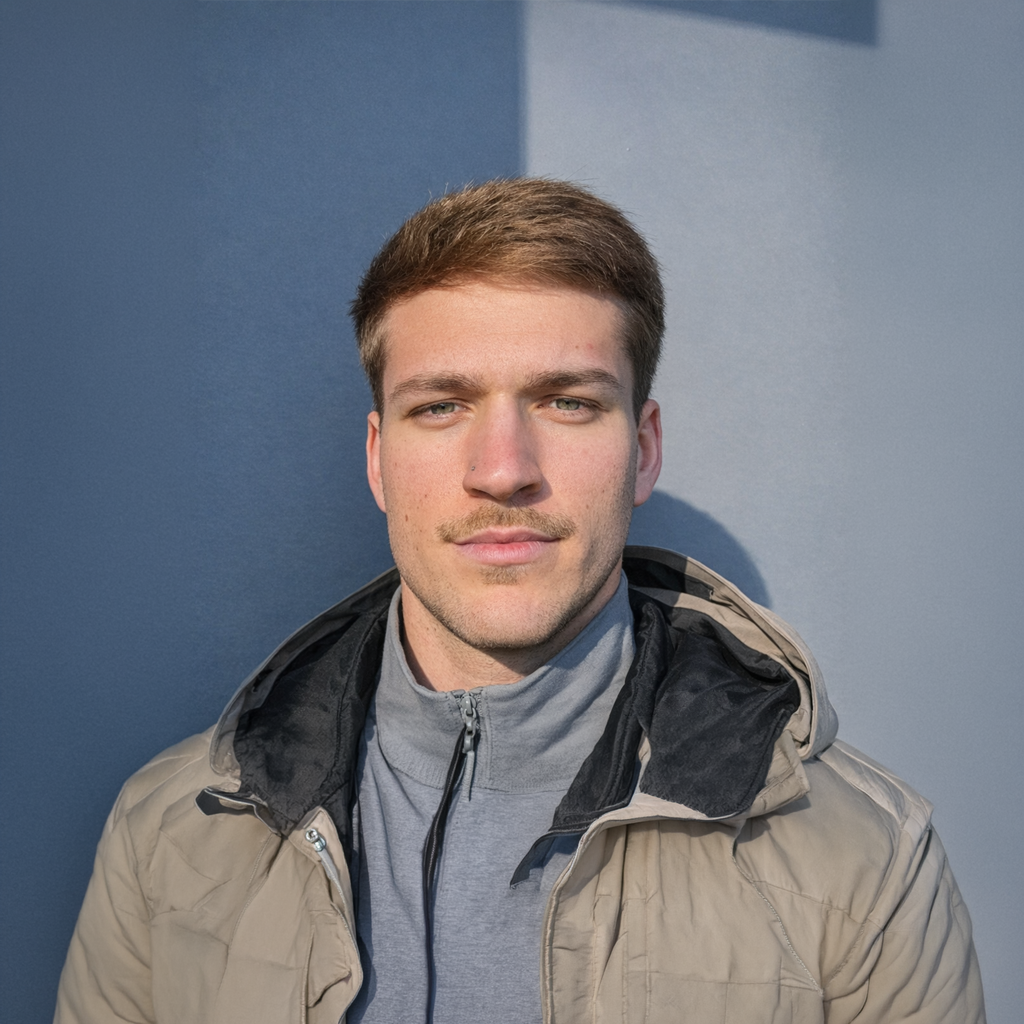 A young man with fair skin and brown hair standing against a blue wall, wearing a beige jacket and a gray zip-up sweater.