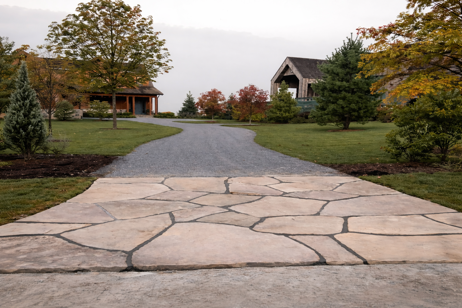 A stone pathway leading to a gravel driveway surrounded by grass, trees, and houses in the distance.
