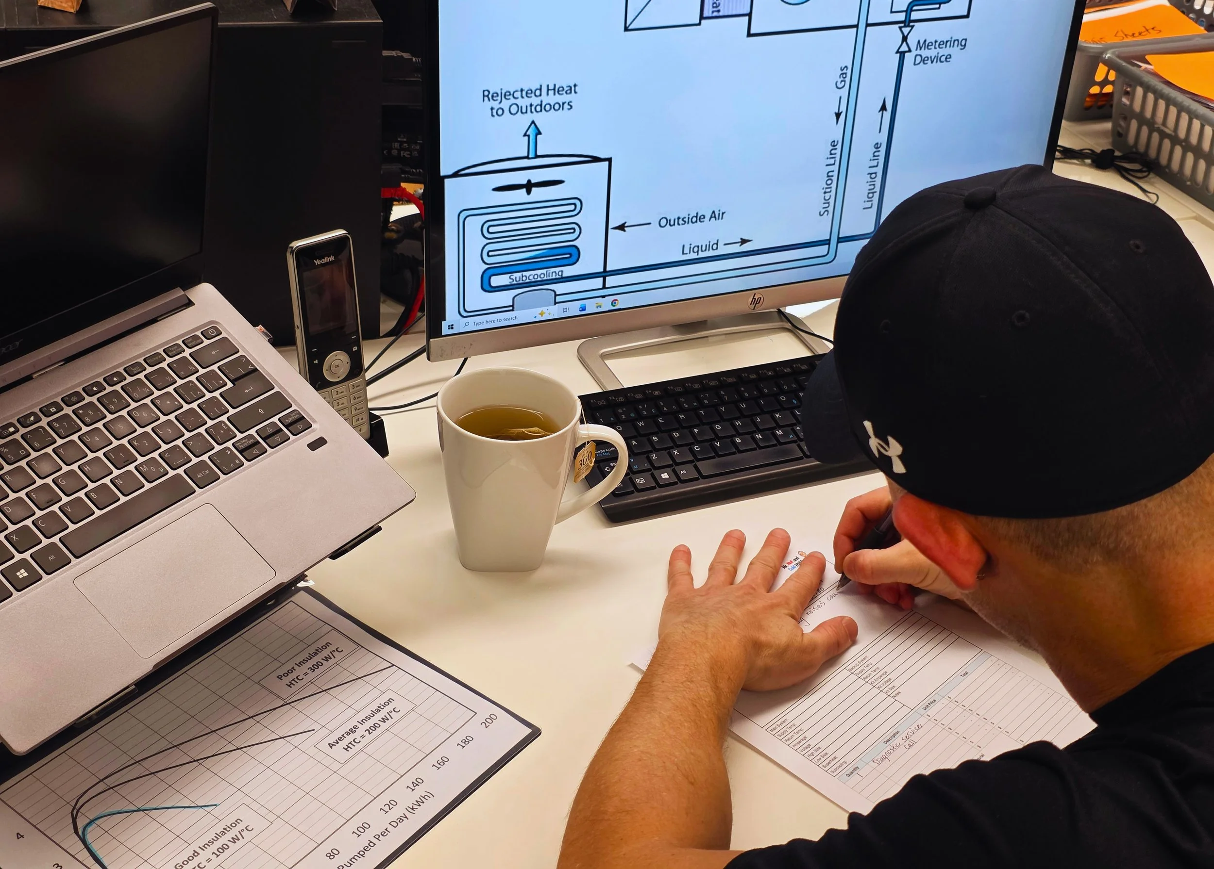 A person wearing a black cap and black shirt is reviewing documents on a desk, with a computer monitor displaying a diagram related to heat and gas flow. There is a cup of tea, a laptop, an external hard drive, and printed graphs on the desk.