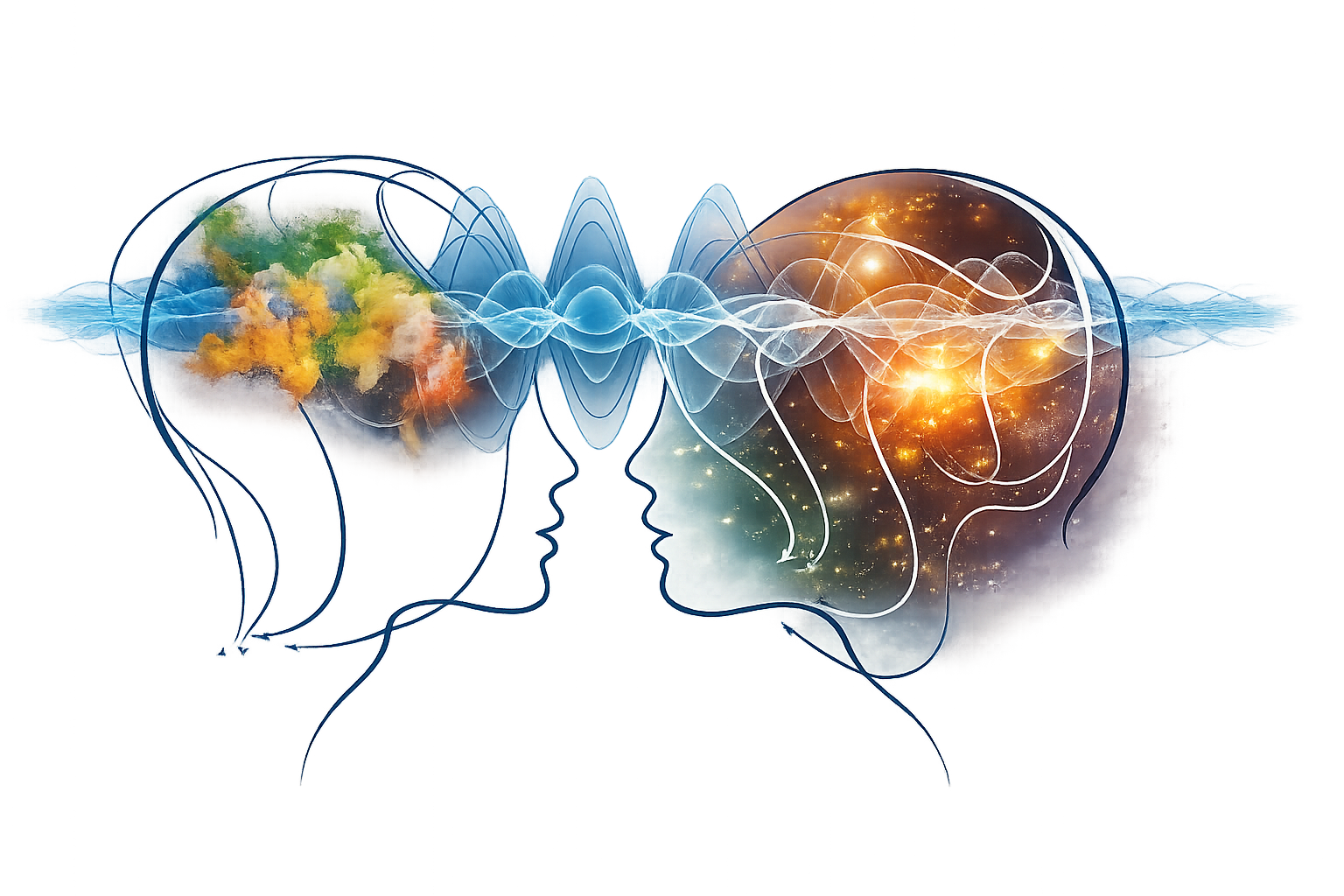 An artistic digital illustration showing two human faces in profile facing each other, with brains depicted as colorful, cosmic, and nebula-like explosions connected by wave-like lines representing communication or thought exchange.