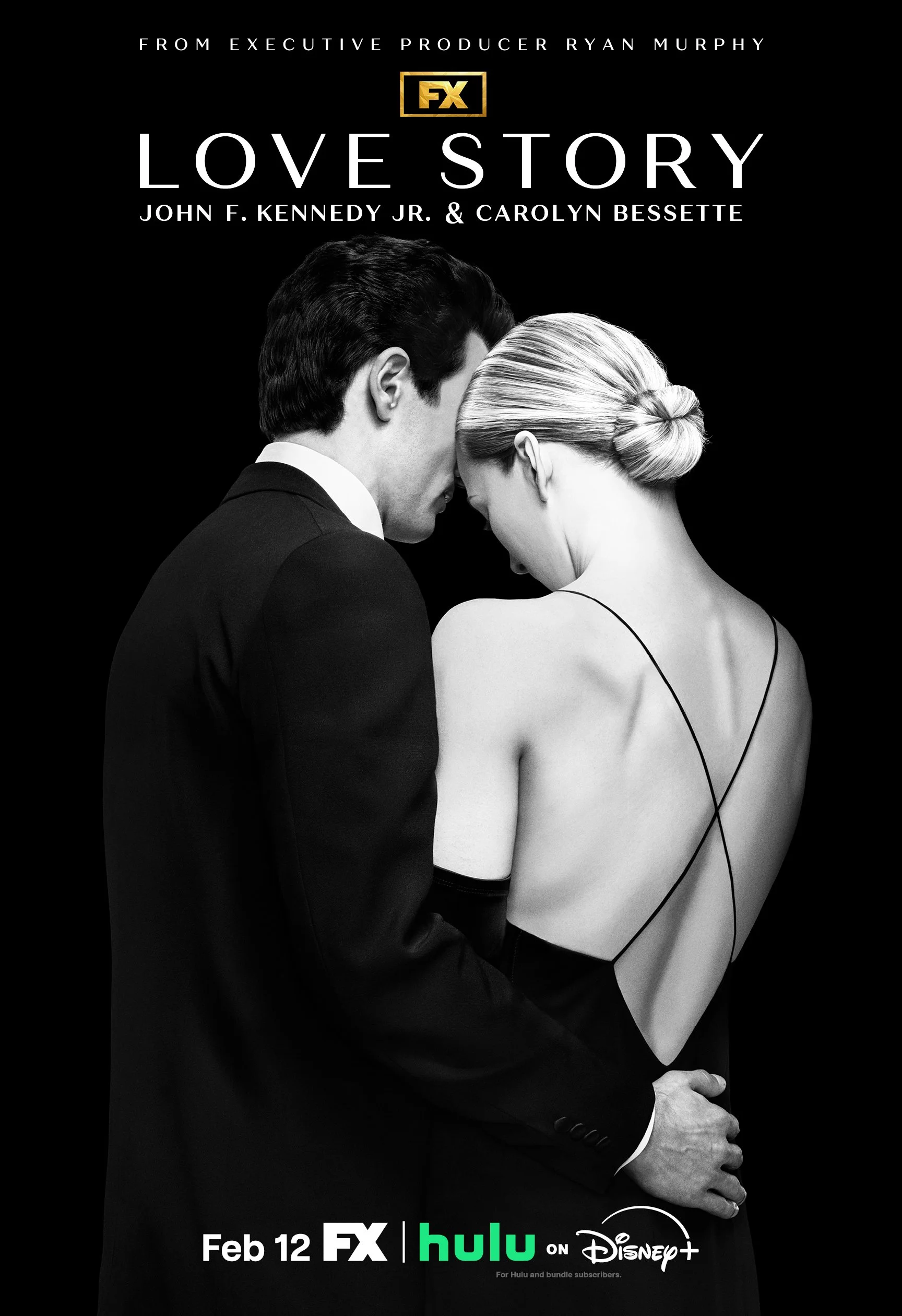 Black-and-white promotional poster for the TV series 'Love Story' featuring a man and woman in an intimate pose, with the man in a suit and the woman in a backless dress, against a black background, with text indicating the show's release date and streaming platforms.