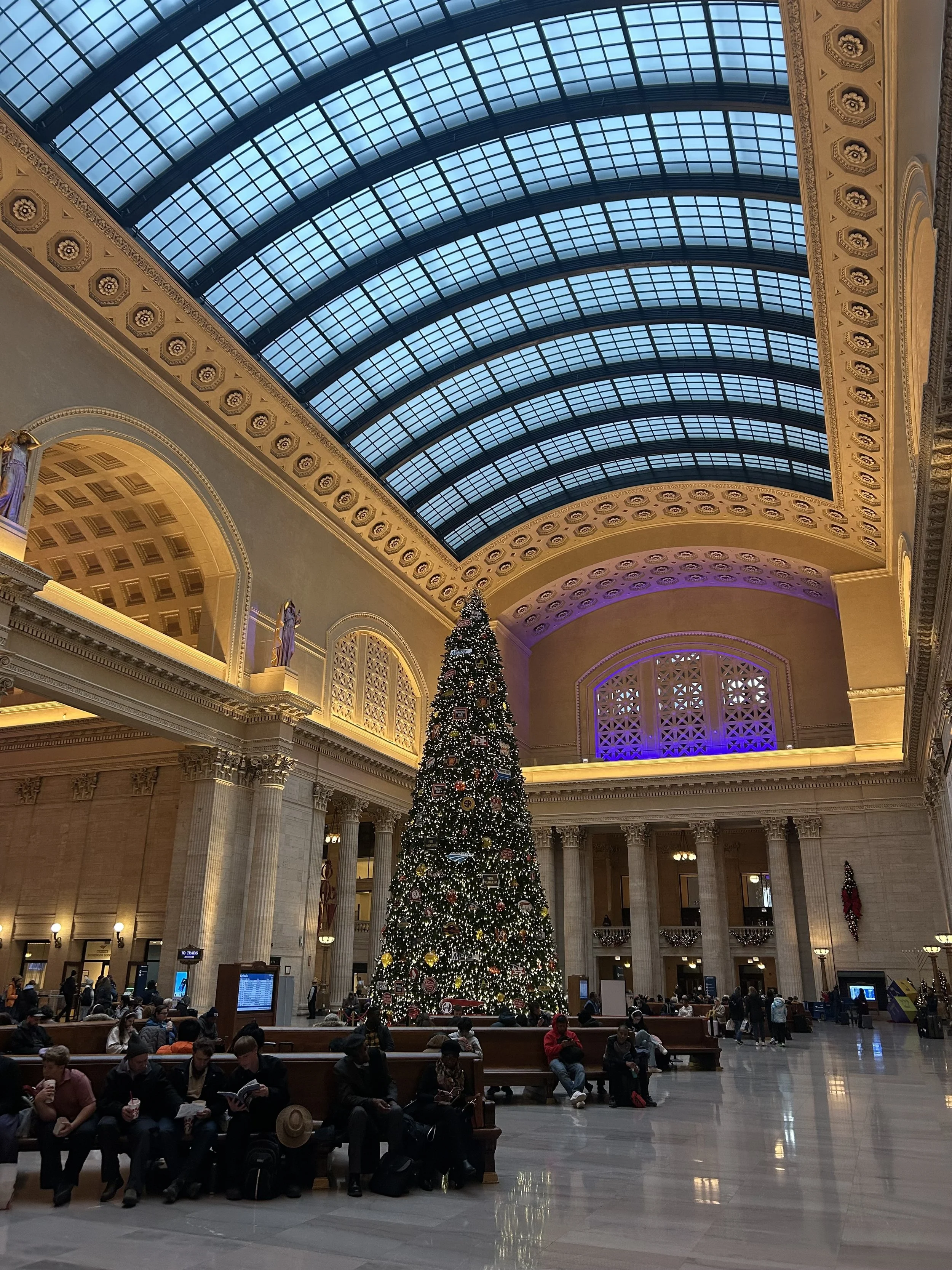Indoor grand hall with a large decorated Christmas tree in the center, surrounded by visitors sitting and walking, beneath a domed glass ceiling and classical architecture with columns and arches.