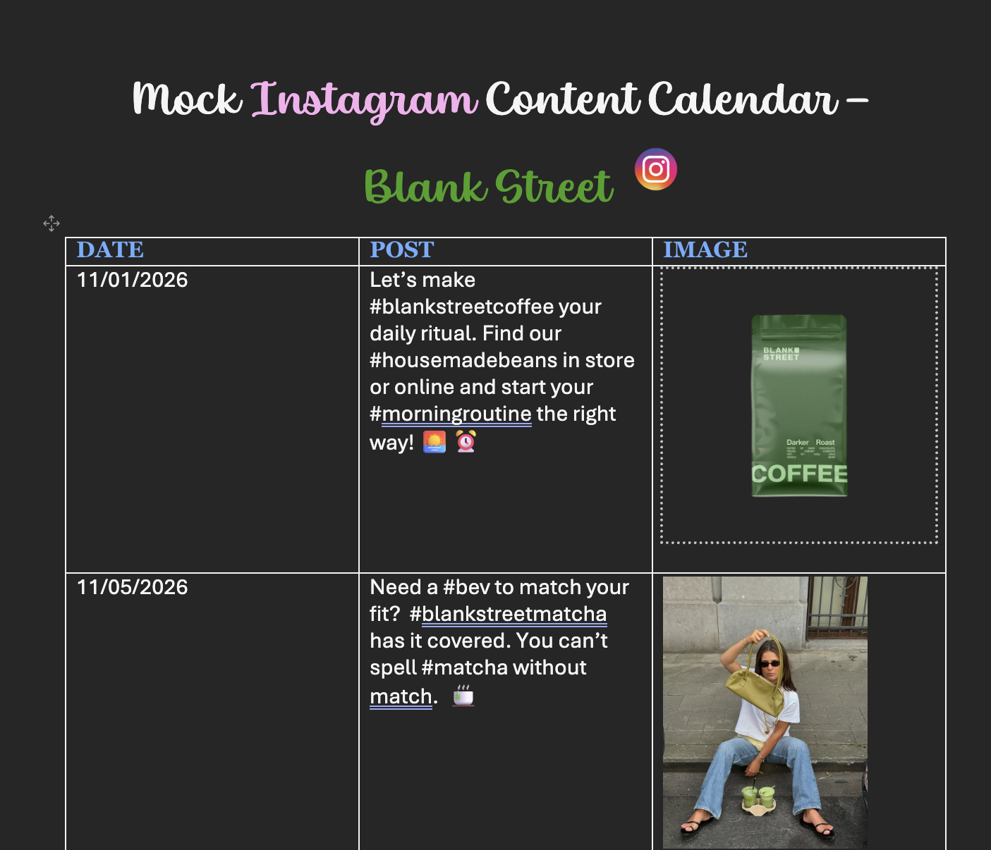 mock instagram content calendar 