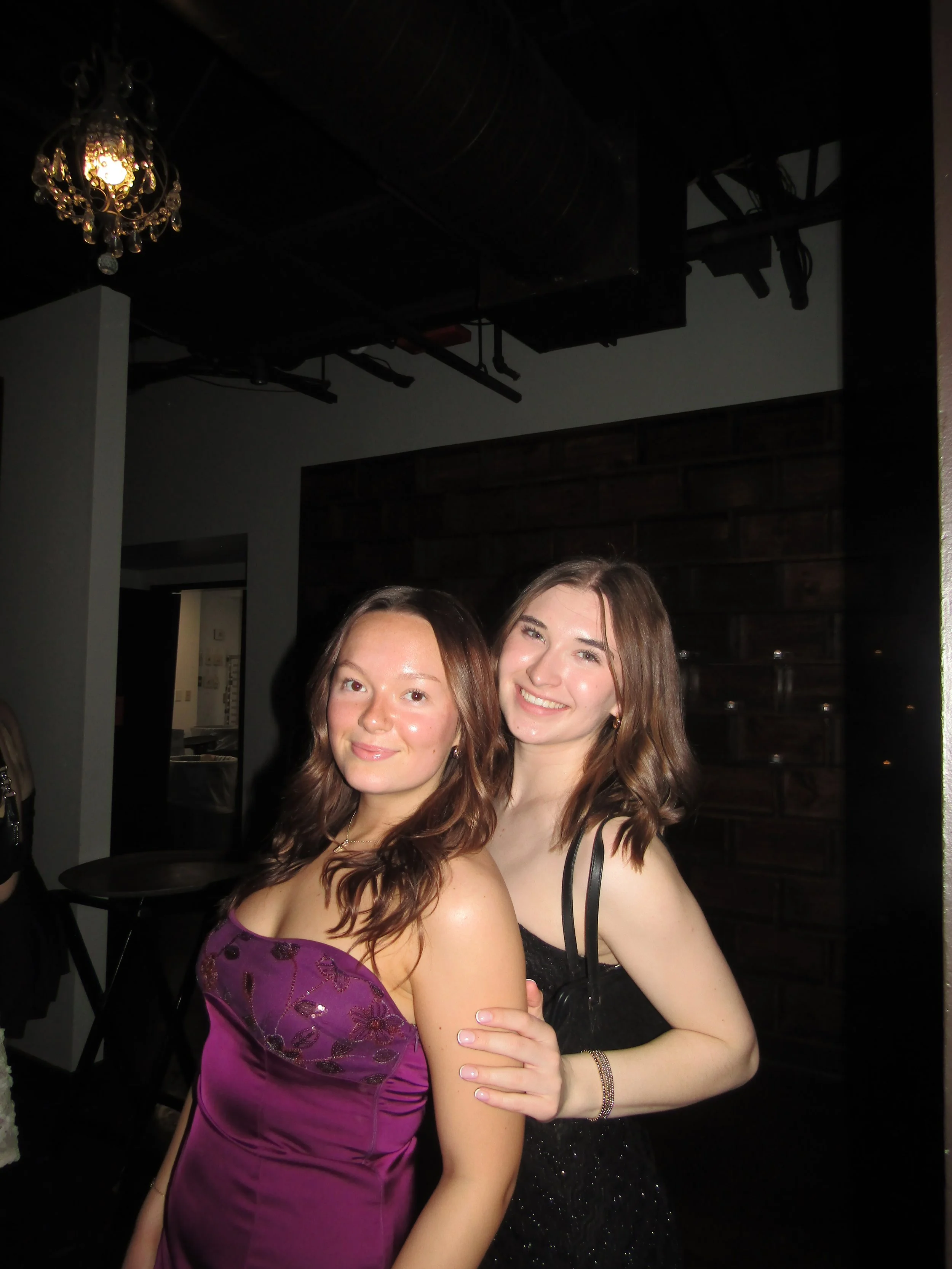 Two young women in dresses smiling and posing together indoors.