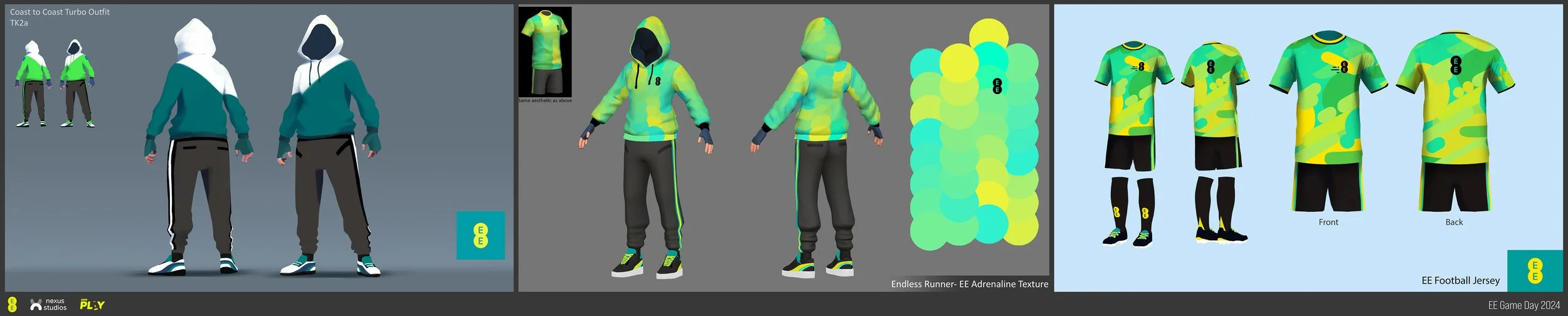 Various player costume designs for the Endless Runner; the main challenge here was producing fresh, readable designs within the parameters of EE's brand guidelines, that would work on an iPhone screen.