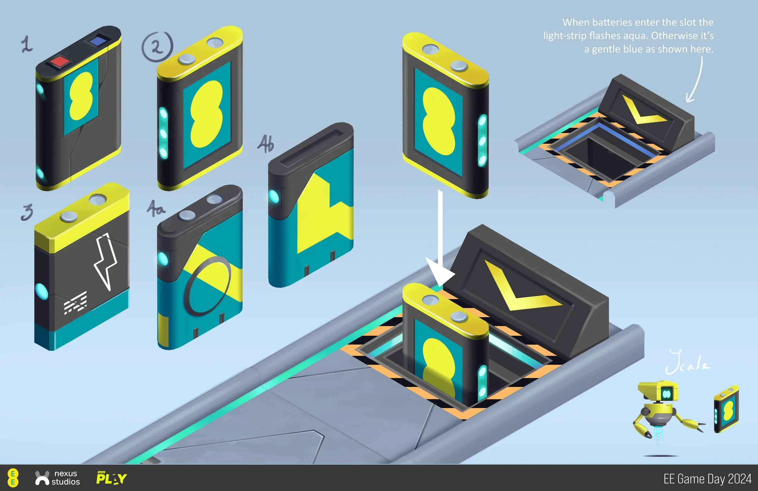 Some design options for the collectible batteries, and the slot into which they are inserted.